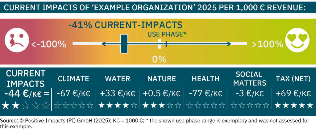 The CURRENT Impacts of the example organization show overall negative impacts of -44 €/K€ revenue (-41%), covering operations + upstream for all indicators of the six topics while estimating missing data to ensure a complete picture